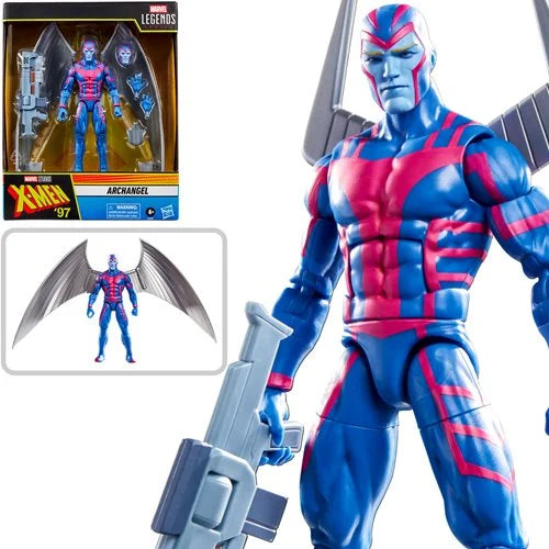 X-Men Archangel with a blue and red color scheme, holding a weapon, against a white background.