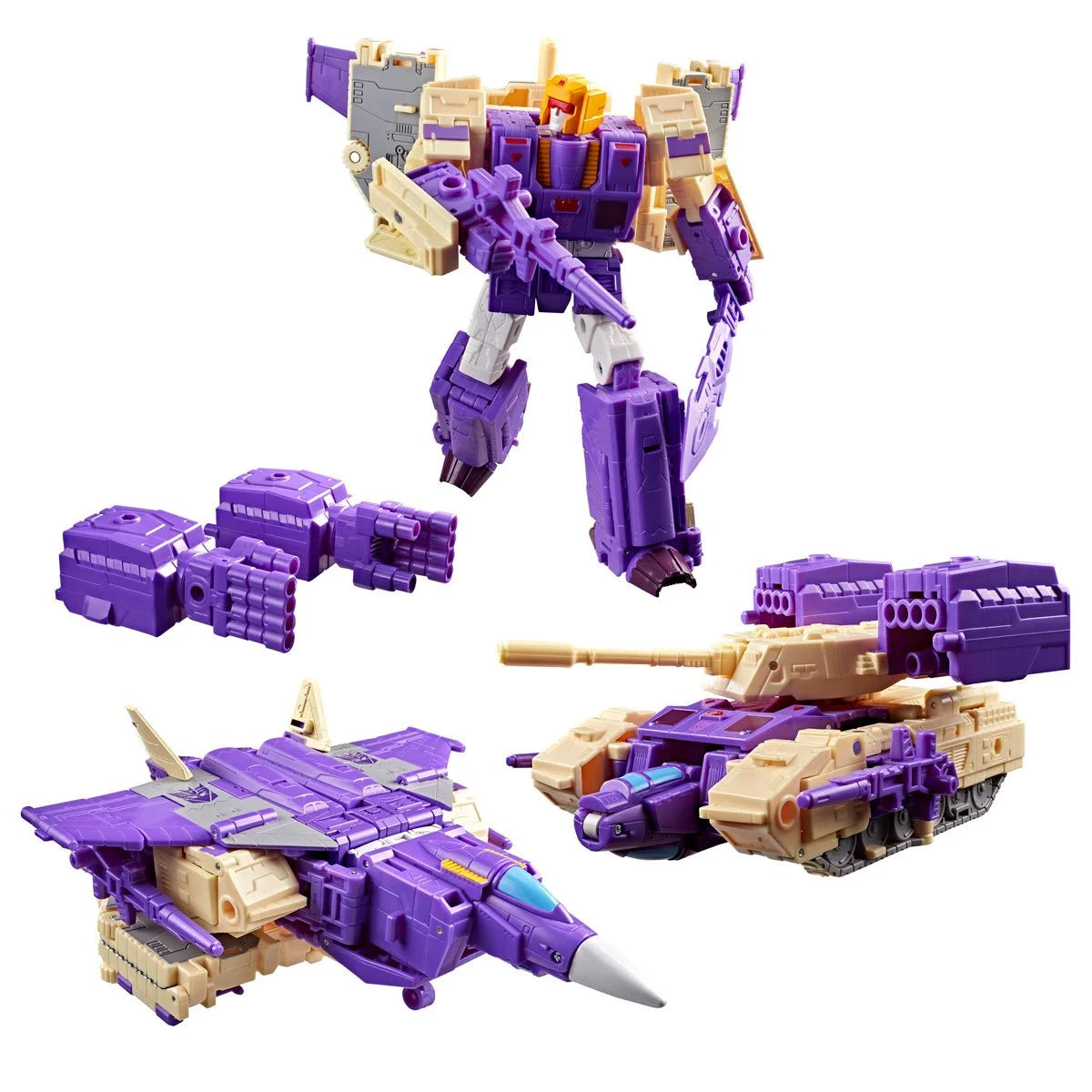 Transformer Blitzwing toy figure in purple and beige with multiple modes on a white background
