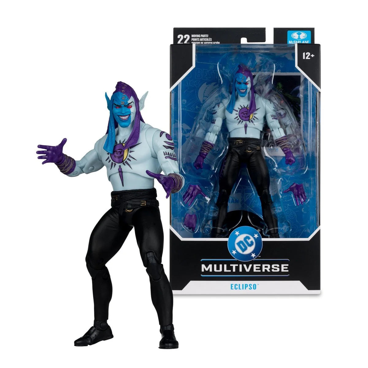 Action figure of Eclipso from DC Multiverse with packaging on a white background
