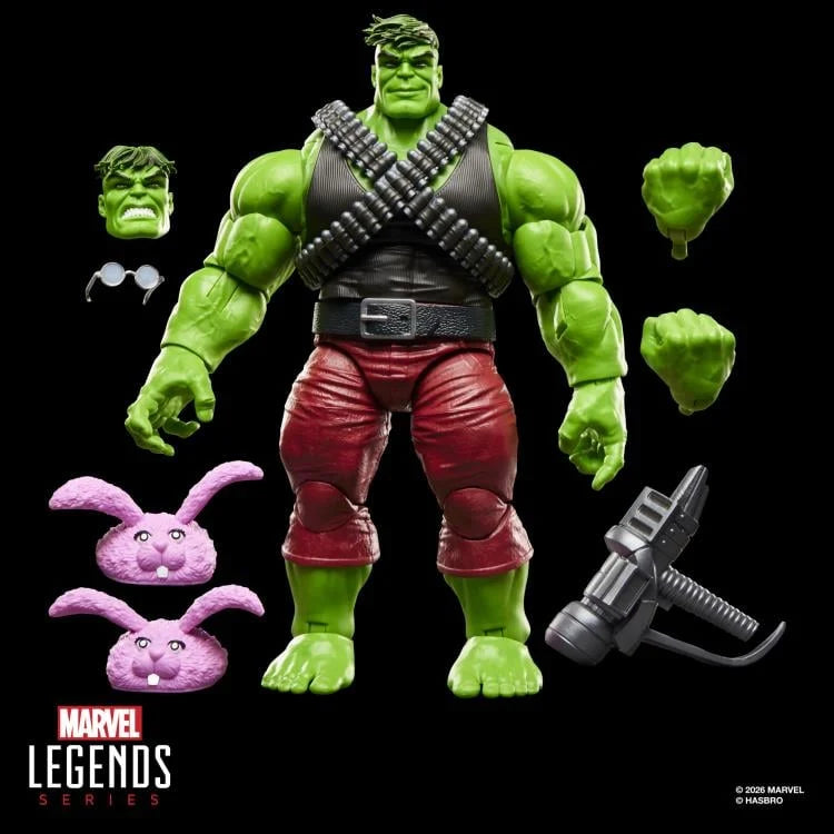 Action figure of Professor Hulk with accessories on a black background, featuring Marvel Legends branding.