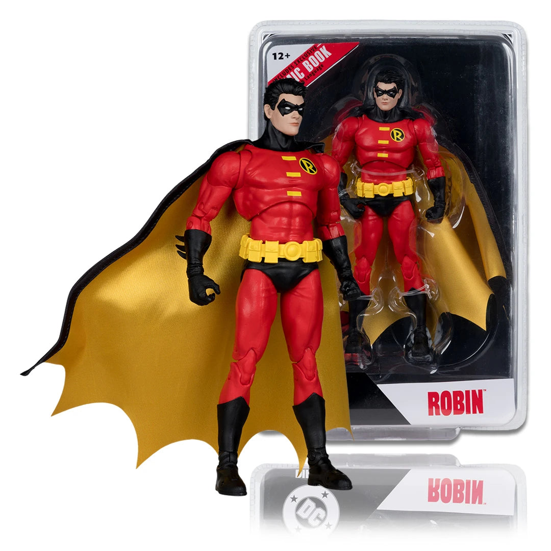 Superhero action figure in red and yellow costume with cape, displayed in packaging.