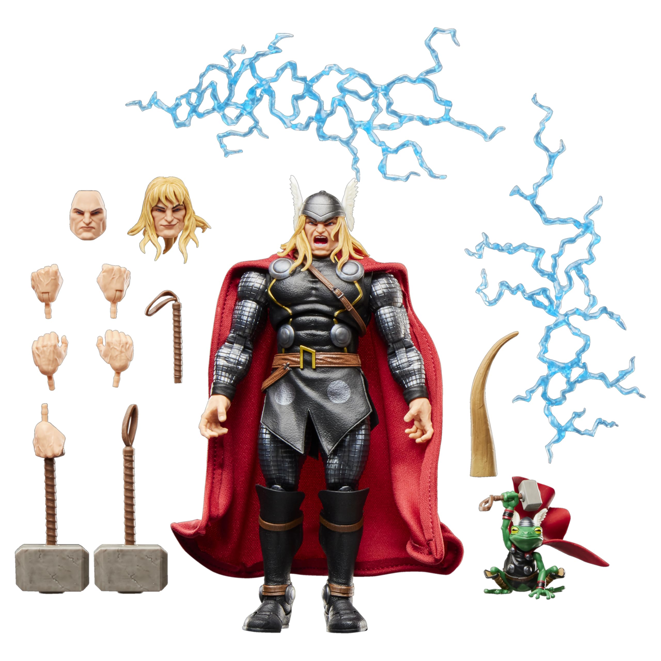 Thor action figure with interchangeable parts and lightning effects on a white background