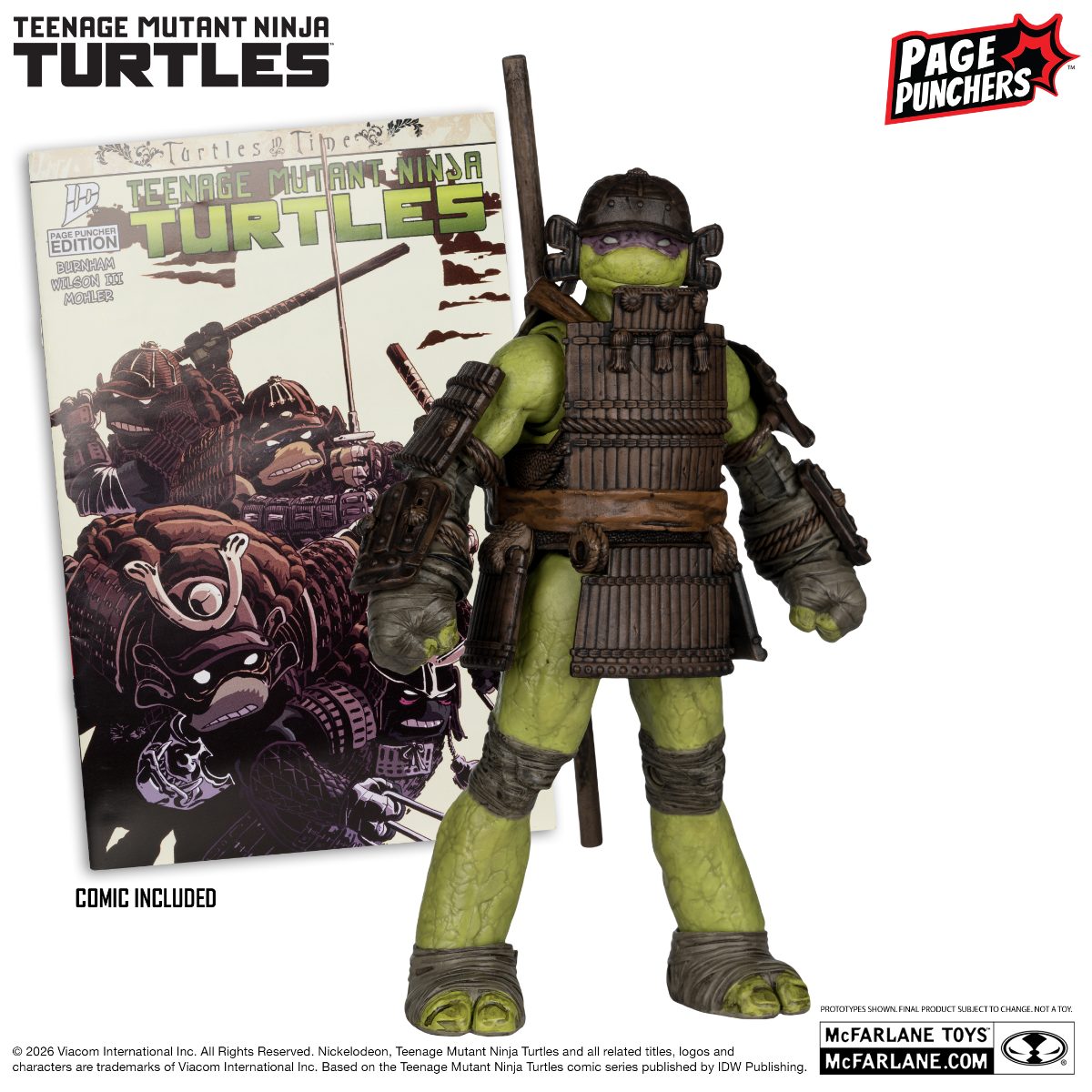 Action figure of a Teenage Mutant Ninja Turtle in front of a comic book with 'Page Punchers' branding.