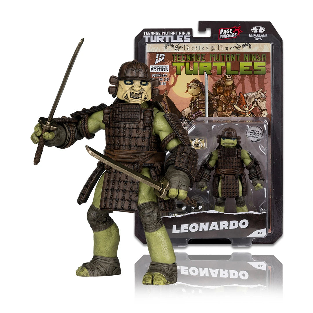 Action figure of Leonardo from Teenage Mutant Ninja Turtles with packaging in the background