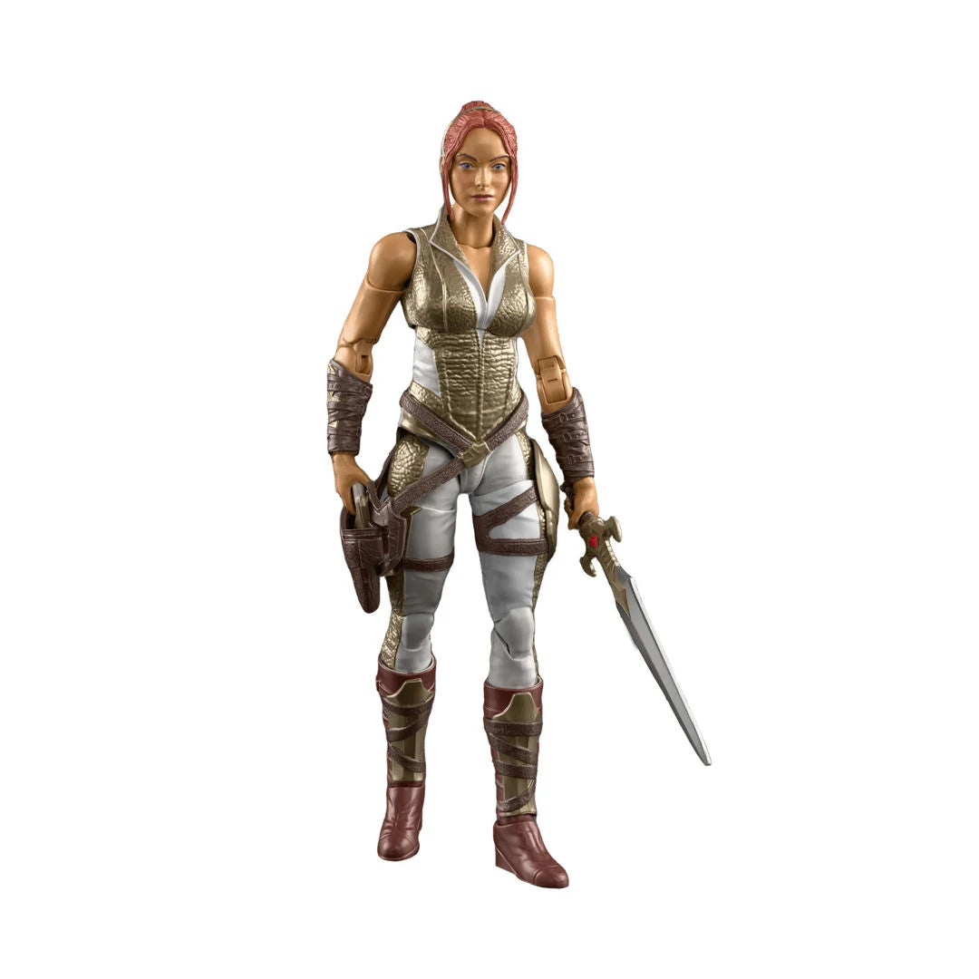MOTU Teela in a warrior costume with armor and weapons on a white background