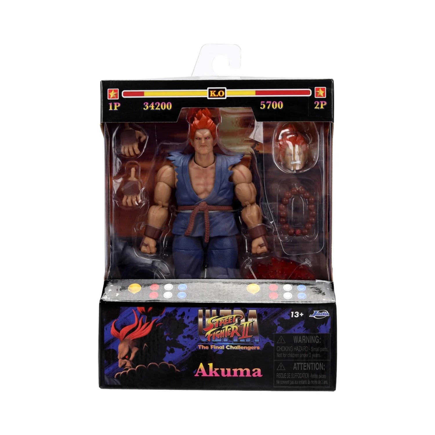 Action figure in packaging with 'Akuma' branding on a white background