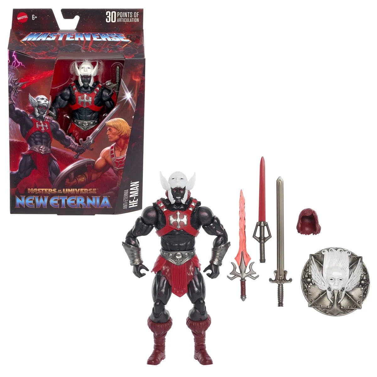 Anti-Eternia He-Man with accessories and packaging for 'Masters of the Universe New Eternia' series.