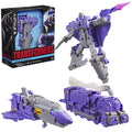Transformers Astrotrain with purple and gray color scheme, including a robot, vehicle, and train modes, with packaging on the left.