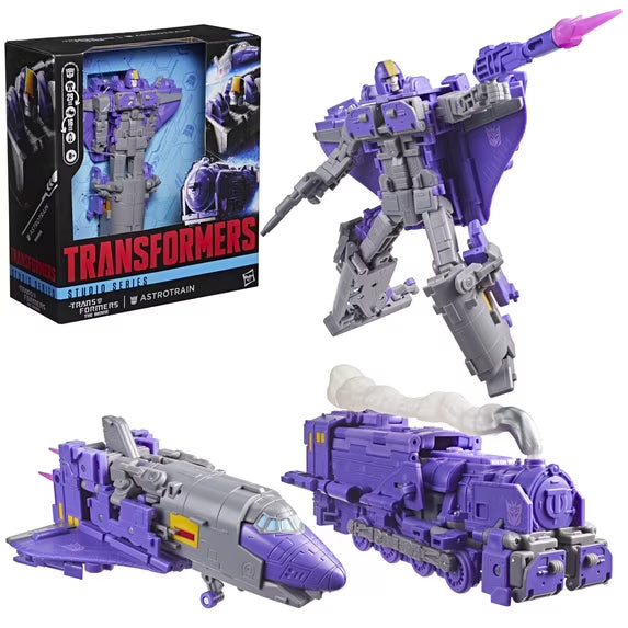 Transformers Astrotrain with purple and gray color scheme, including a robot, vehicle, and train modes, with packaging on the left.