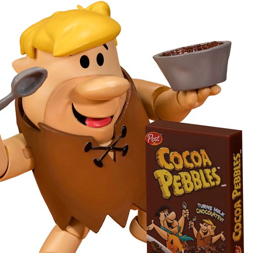Cartoon character holding a bowl of Cocoa Pebbles cereal with a box of Cocoa Pebbles in the foreground.