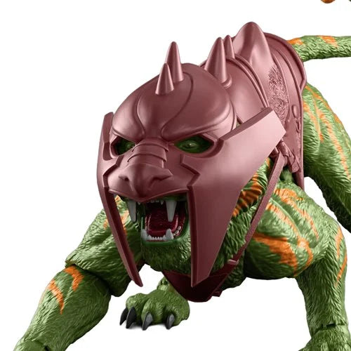 Toy figure of Battle Cat from MOTU Movie with a red mask on a white background