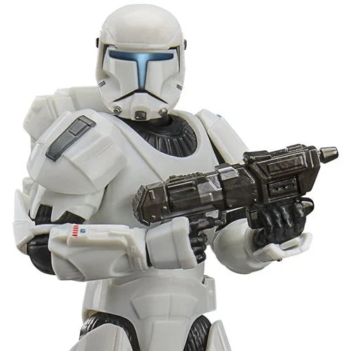 Star Wars action figure in white armor with a gun on a white background