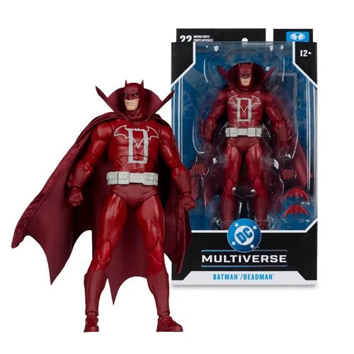 Batman/ Deadman with cape and mask, standing next to its packaging featuring DC Multiverse branding.