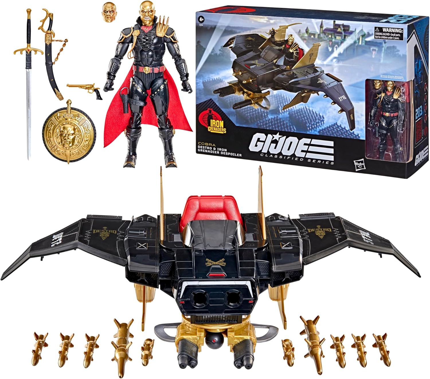 G.I. Joe Destro action figure, vehicle, and accessories with packaging on a white background