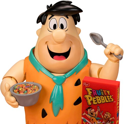 Fred Flintstone holding a bowl of cereal and a box of Fruity Pebbles