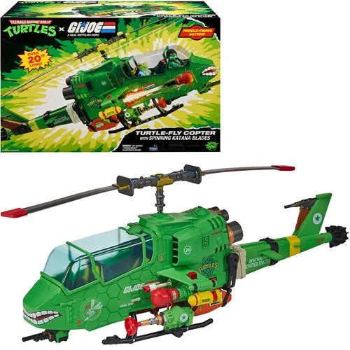 Toy helicopter with green and red details, featuring branding for Teenage Mutant Ninja Turtles and G.I. Joe.