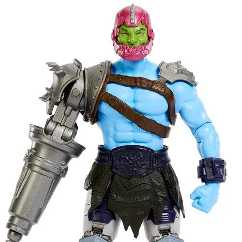 Trap Jaw Action figure with blue skin, pink helmet, and silver armor on a white background