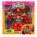 Toy figure of a red bull in cowboy attire with packaging featuring 'Cowboys of Moo Mesa' branding.