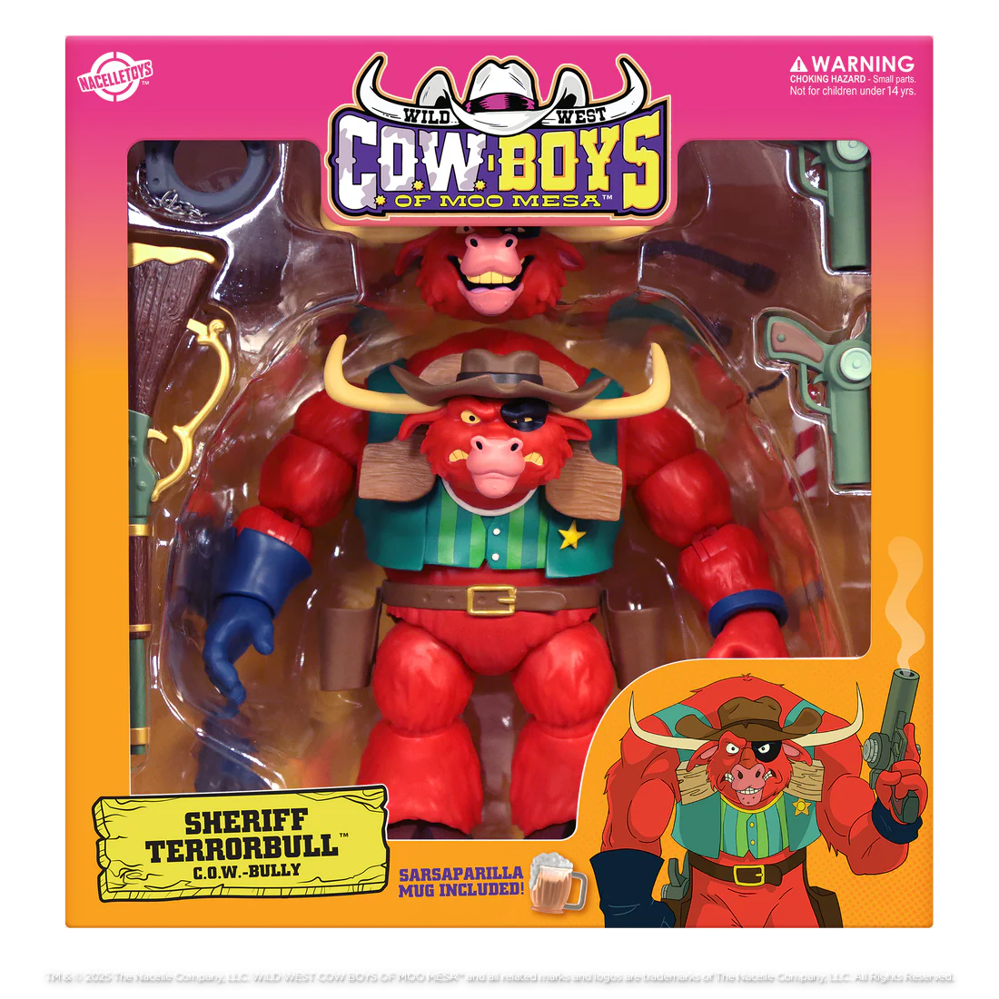 Toy figure of a red bull in cowboy attire with packaging featuring 'Cowboys of Moo Mesa' branding.