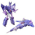 Transformer Cyclonus, one purple and one blue, on a white background