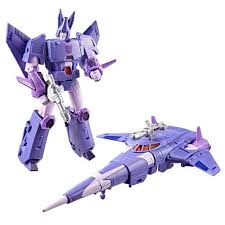 Transformer Cyclonus, one purple and one blue, on a white background