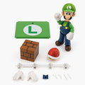Toy figure of a character in green hat and blue overalls with accessories on a white background