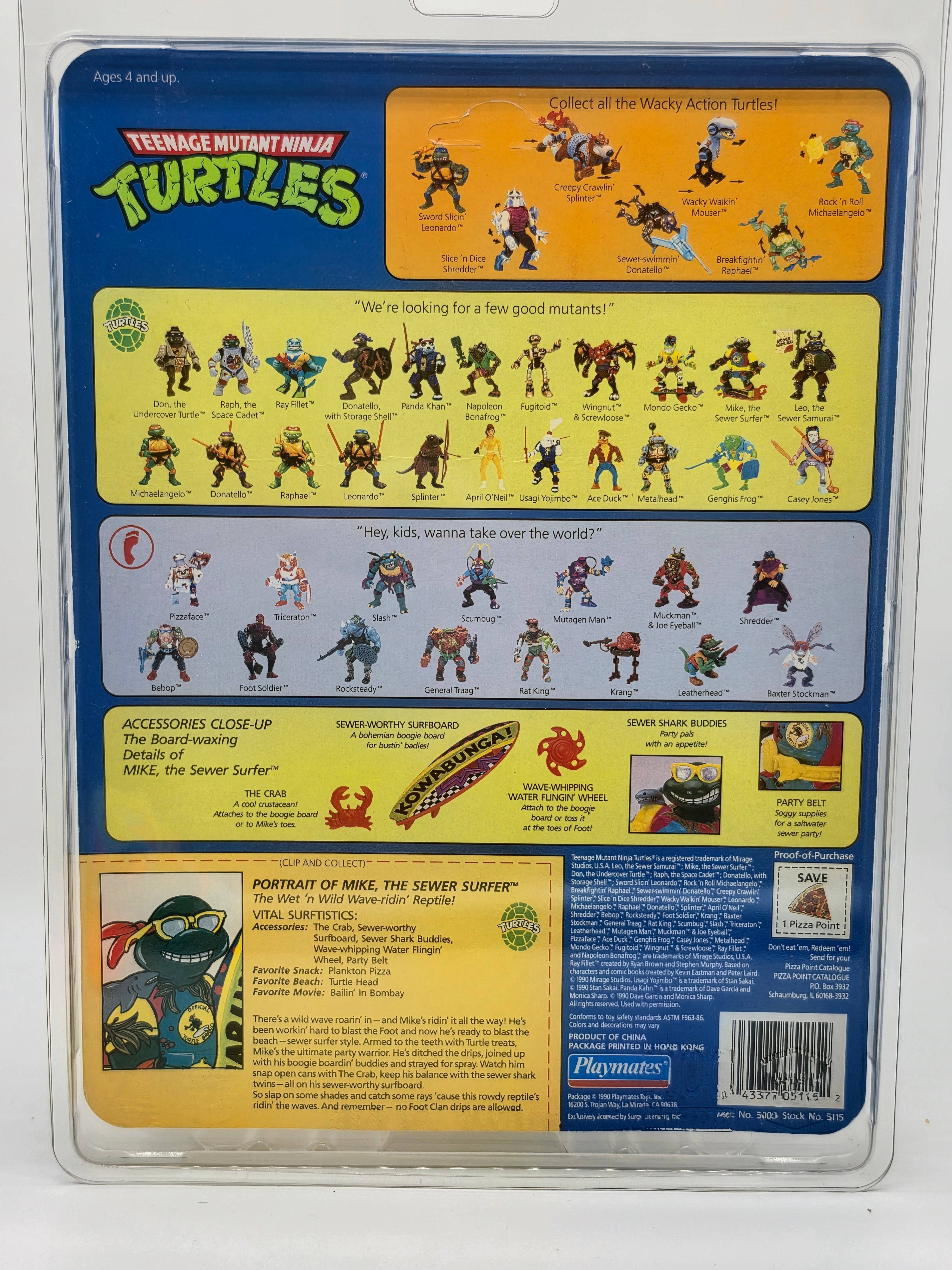 1990 Playmates Teenage Mutant Ninja Turtles TMNT "Mike, the Sewer Surfer" – Mint on Card (MOC), Unpunched