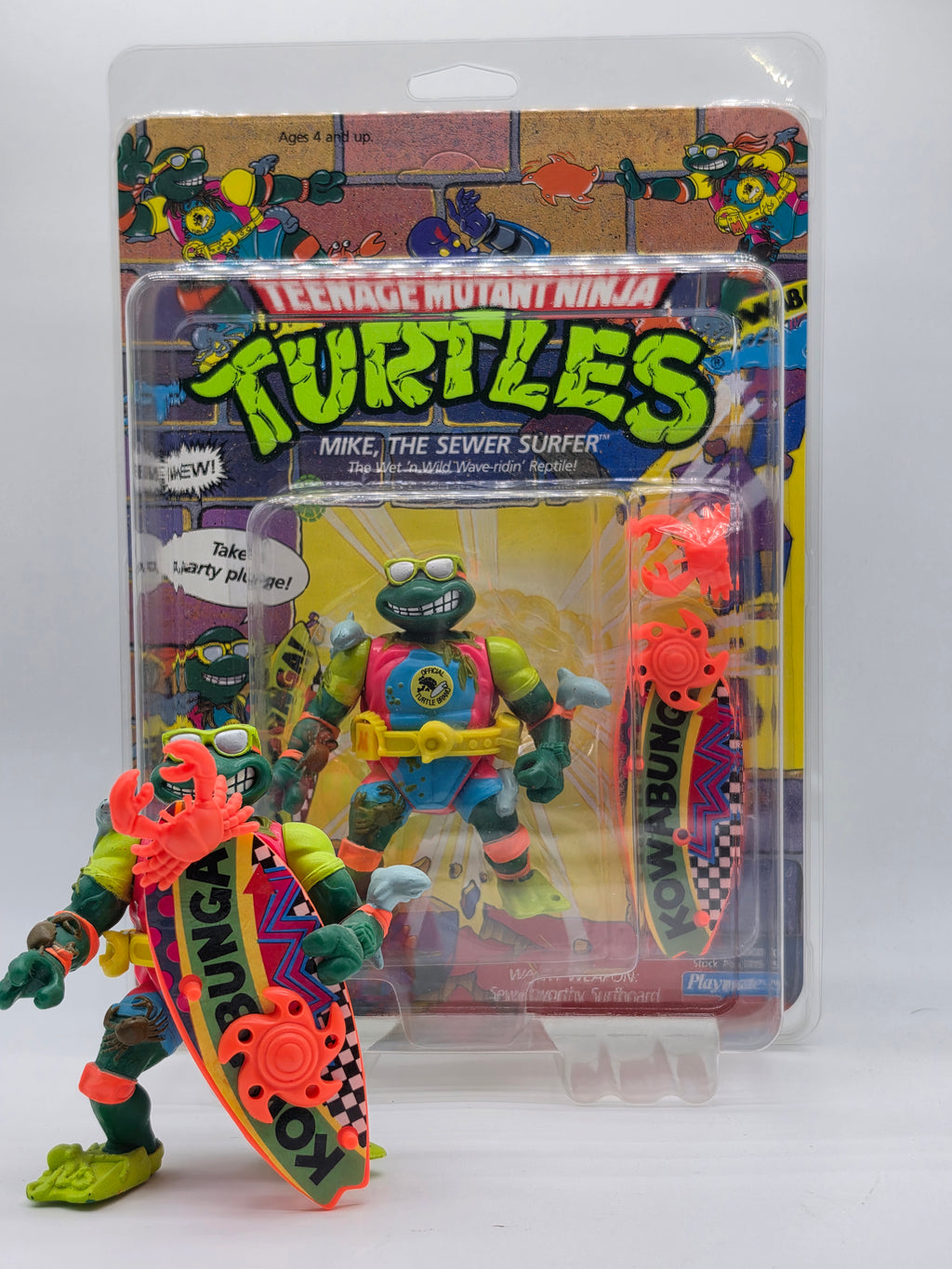 1990 Playmates Teenage Mutant Ninja Turtles TMNT "Mike, the Sewer Surfer" – Mint on Card (MOC), Unpunched