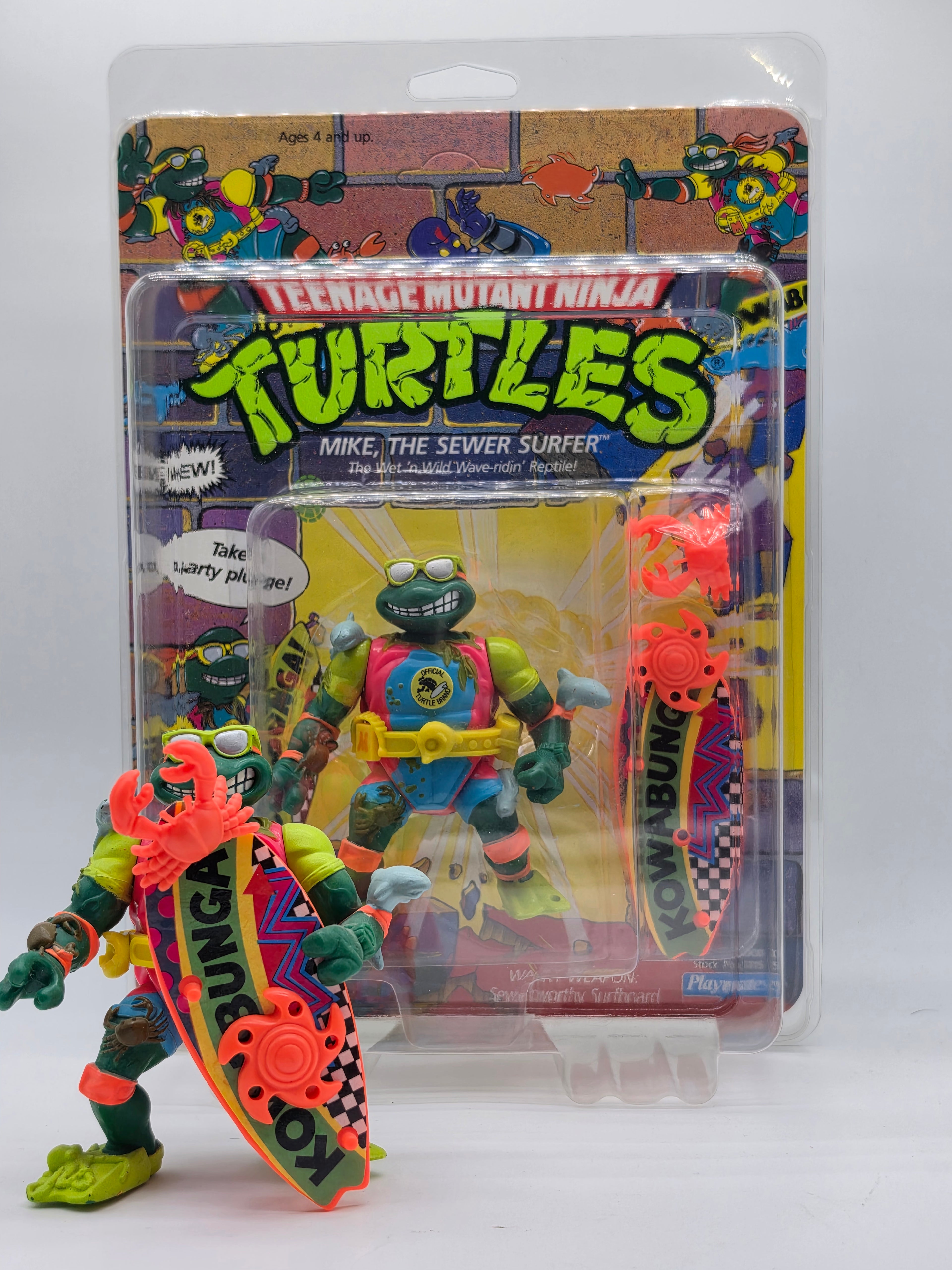 1990 Playmates Teenage Mutant Ninja Turtles TMNT "Mike, the Sewer Surfer" – Mint on Card (MOC), Unpunched