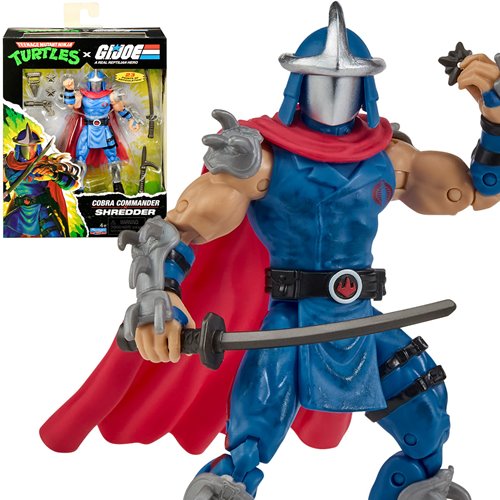Action figure of Shredder from Teenage Mutant Ninja Turtles with packaging in the background