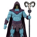 Skeletor Action figure with blue skin, purple hood, and dark cloak holding a staff with ram head on a white background