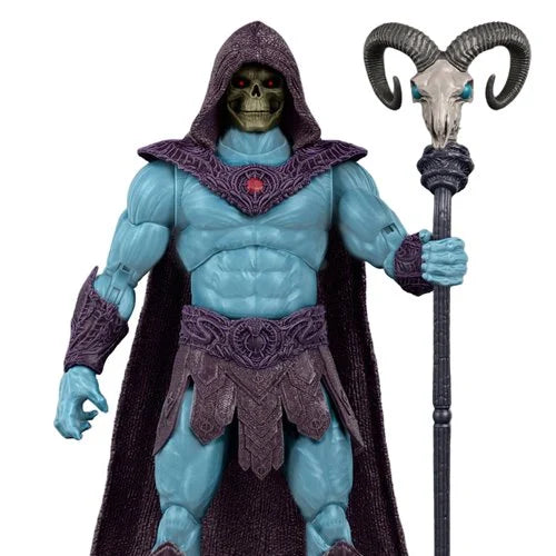 Skeletor Action figure with blue skin, purple hood, and dark cloak holding a staff with ram head on a white background