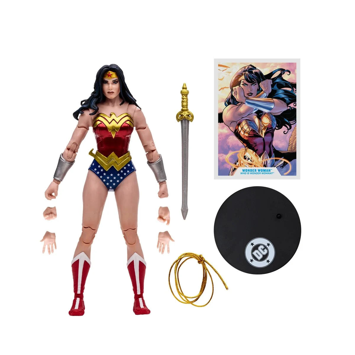 Wonder Woman action figure with sword, bracelets, and poster on a white background